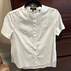 Theory White Band Collar Short-Sleeve Button Blouse